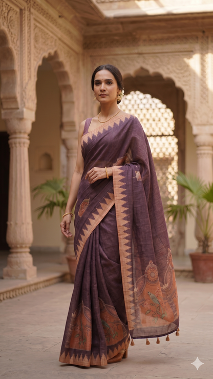 Brown Mughal Bird Print Handwork Chanderi Cotton Saree. Woman in a traditional purple saree with intricate patterns standing in an architectural setting.