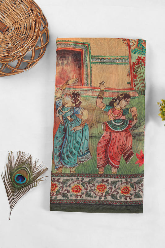Decorative towel with traditional design of two women and floral patterns on a white background Gopi Raas Chanderi Cotton Saree | Yuvani Vesture