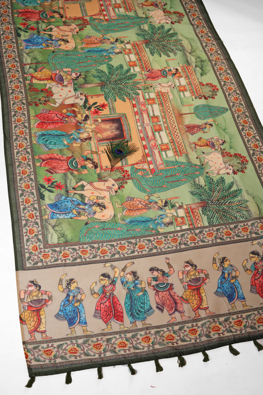 Decorative rug with intricate patterns and figures on a white background Gopi Raas Chanderi Cotton Saree | Yuvani Vesture