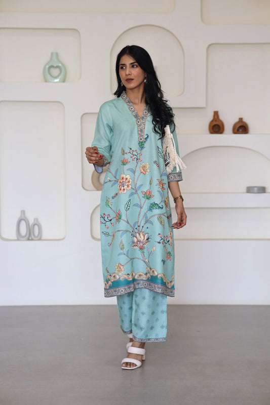 Green Floral Printed Kurti Set - Yuvani