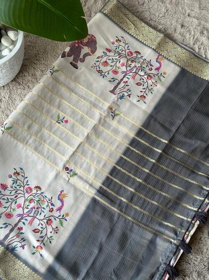 Hastakatha printed saree elephant tree motif jacquard silk saree