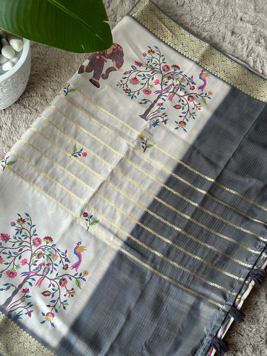 Hastakatha printed saree elephant tree motif jacquard silk saree