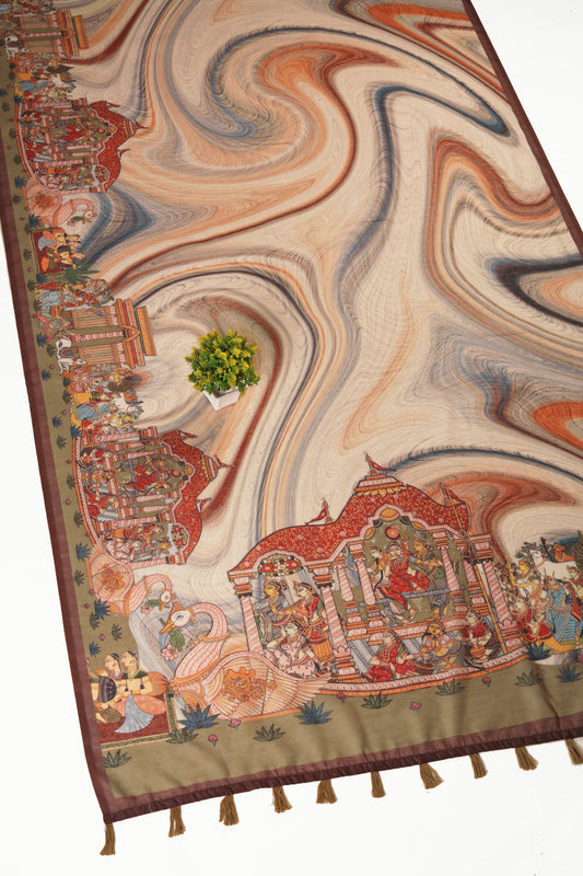 A Chanderi cotton saree with intricate border illustrations depicting scenes from ancient lore, laid flat with a decorative blouse piece. Katha Chitra Chanderi Saree | Yuvani Vesture