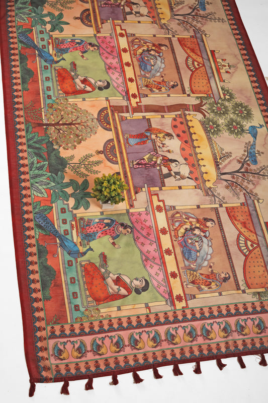 A Chanderi cotton saree with intricate designs including peacocks and floral motifs, predominantly in saffron, peach, and brick red colors. Kesar Mahal Chanderi Cotton Saree | Yuvani Vesture