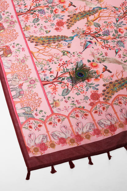 Decorative pink tablecloth with peacock and floral patterns on a white background Madhuri Van Chanderi Cotton Saree | Yuvani Vesture