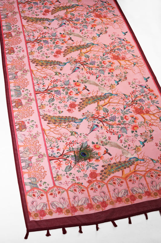 Decorative pink table runner with intricate patterns and peacock designs on a white background Madhuri Van Chanderi Cotton Saree | Yuvani Vesture