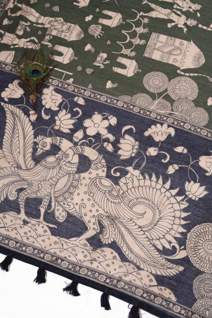 Mehendi & Navy Blue Two-Tone Saree - Yuvani