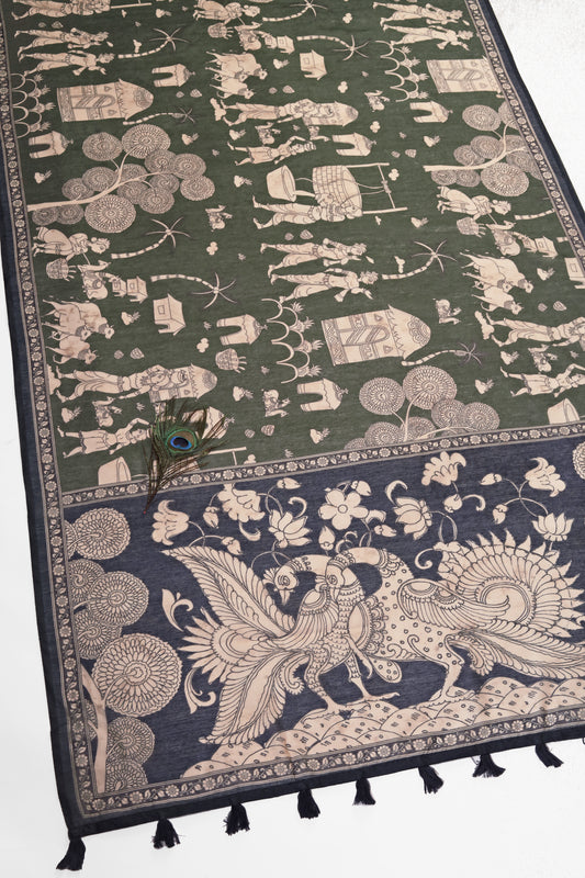 Mehendi & Navy Blue Two-Tone Saree - Yuvani
