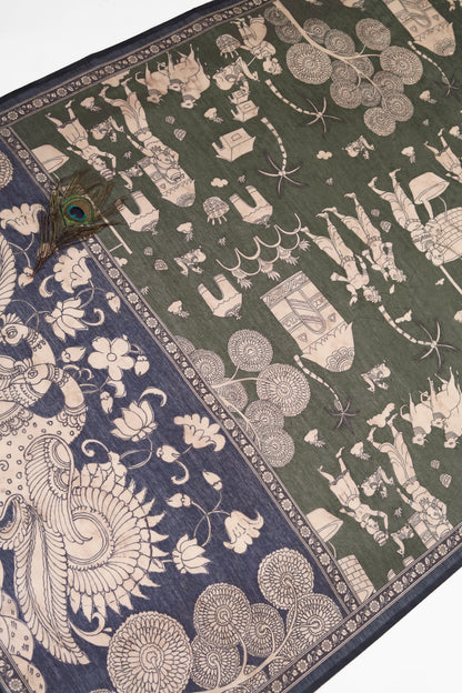 Mehendi & Navy Blue Two-Tone Saree - Yuvani