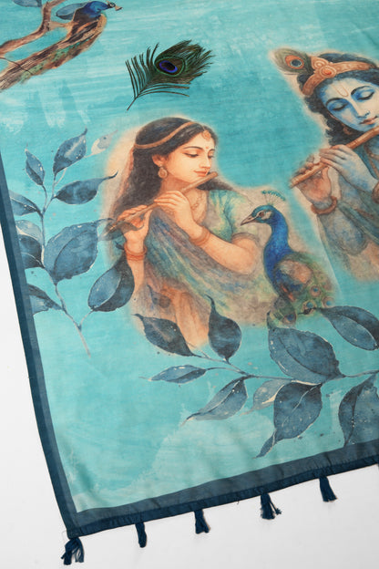 Tapestry with a scene of two figures playing flutes, surrounded by peacocks and leaves on a teal background. Mor Bansi Blue Chanderi Saree | Yuvani Vesture