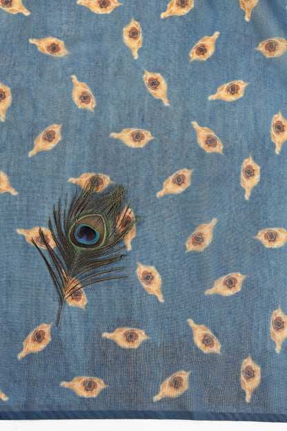 Blue fabric with peacock feather design and small peacock illustrations. Mor Bansi Blue Chanderi Saree | Yuvani Vesture