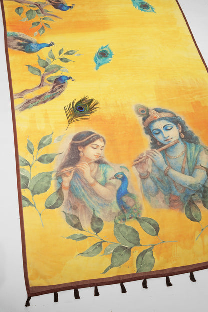 Decorative panel with a painting of two figures, peacocks, and leaves on a yellow background. Mor Bansi Yellow Chanderi Saree | Yuvani Vesture