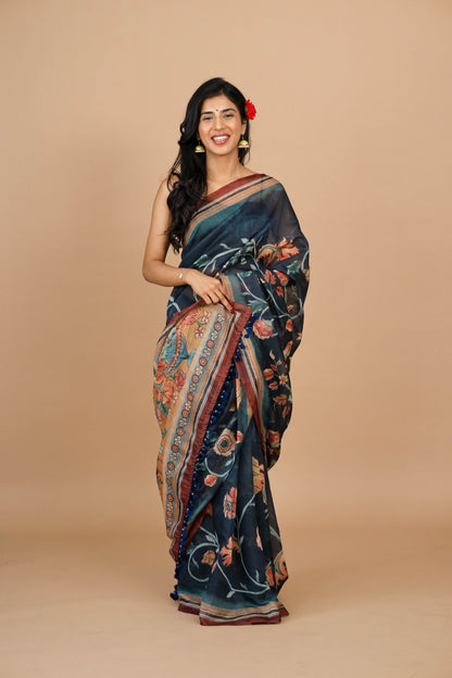 Navy Blue Kalamkari Print Saree - Yuvani