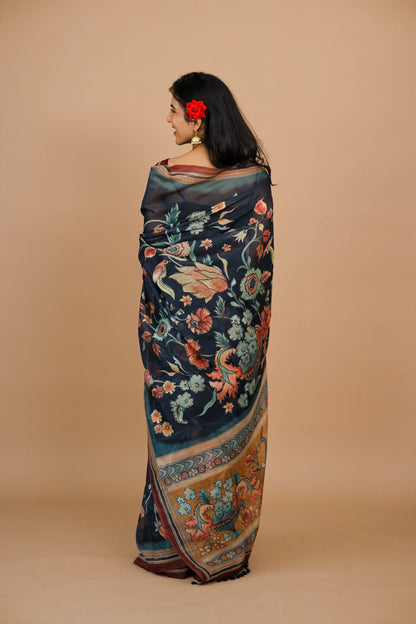 Navy Blue Kalamkari Print Saree | Kalamkari Print Saree | Yuvani