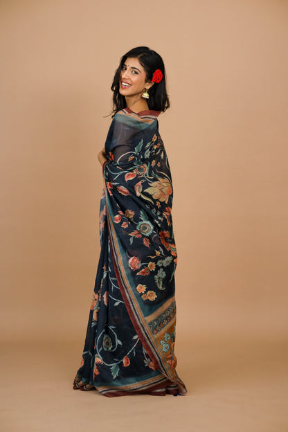Navy Blue Kalamkari Print Saree | Kalamkari Print Saree | Yuvani