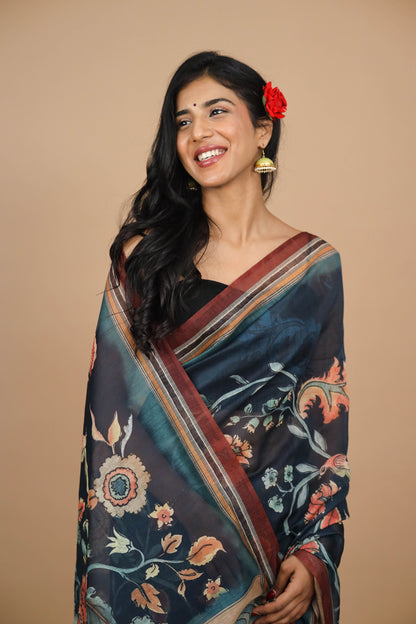 Navy Blue Kalamkari Print Saree | Kalamkari Print Saree | Yuvani
