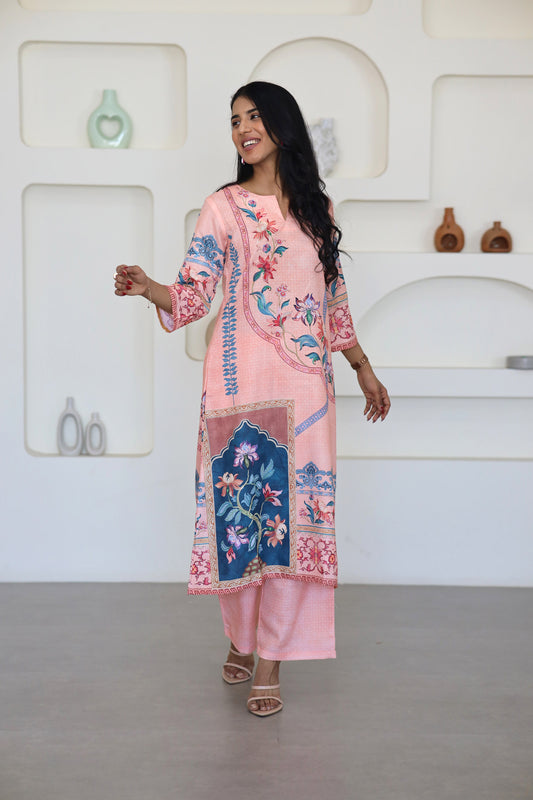 Peach Floral Printed Kurti Set - Yuvani