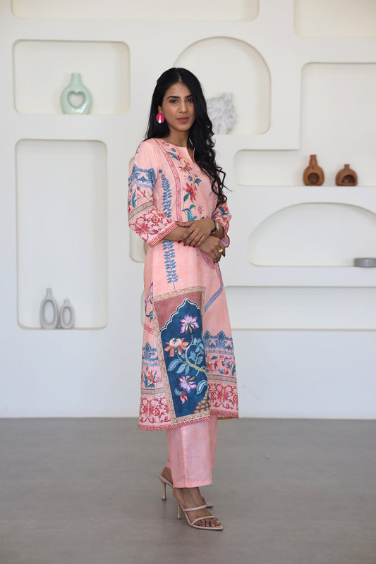 Peach Floral Printed Kurti Set - Yuvani