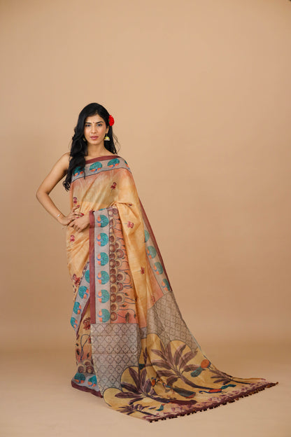 Pichwai Print Mustard Color Saree - pichwai saree | Yuvani vesture