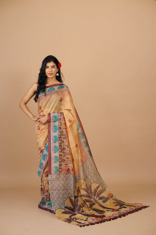 Pichwai Print Mustard Color Saree - pichwai saree | Yuvani vesture