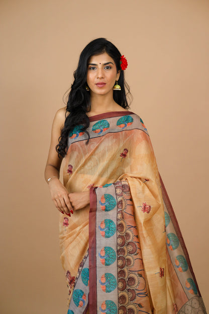 Pichwai Print Mustard Color Saree | pichwai saree | Yuvani vesture