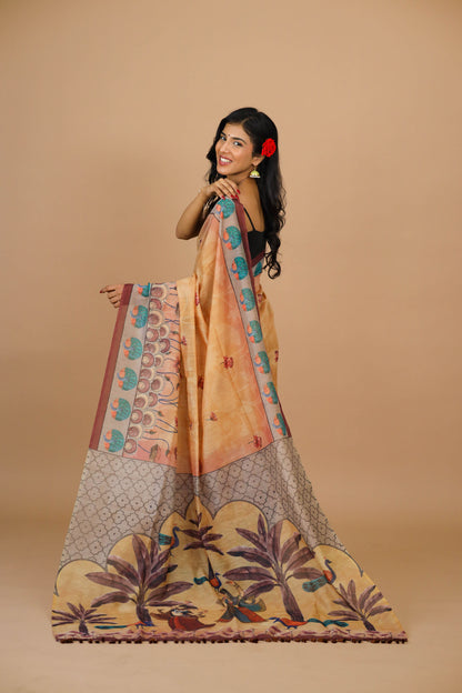 Pichwai Print Mustard Color Saree | pichwai saree | Yuvani vesture