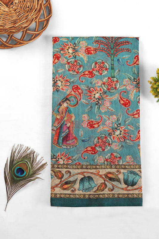 Decorative towel with floral and peacock design on a white background Buy Premanjali Floral Print Chanderi Cotton Saree | Yuvani Vesture