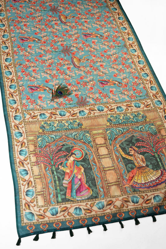 Decorative tablecloth with intricate patterns and figures on a white background Buy Premanjali Floral Print Chanderi Cotton Saree | Yuvani Vesture