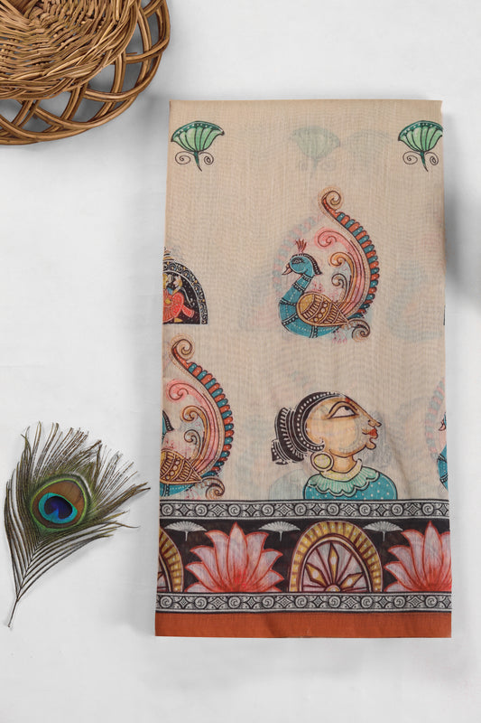 Decorative fabric with traditional patterns on a white background Raas Rangini Chanderi Cotton Saree | Yuvani Vesture
