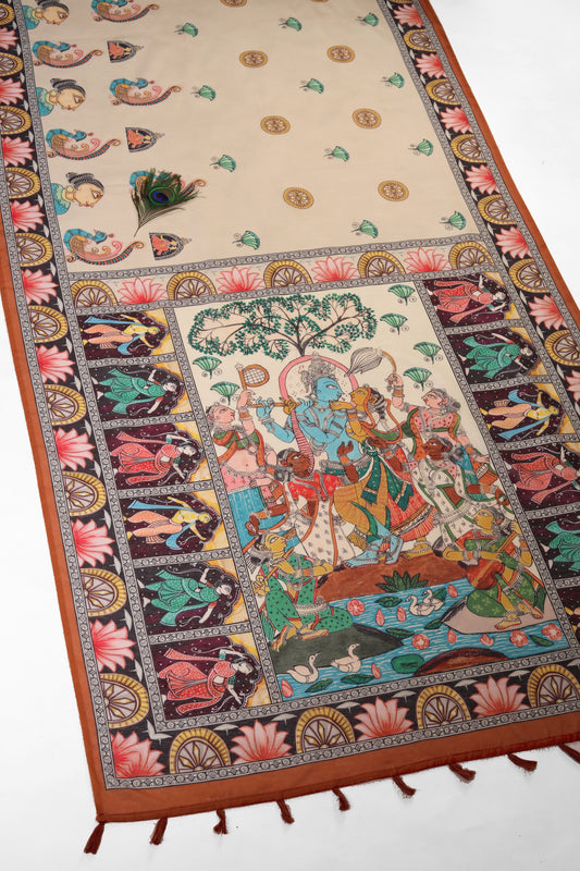 Decorative table runner with intricate patterns and figures on a white background Raas Rangini Chanderi Cotton Saree | Yuvani Vesture