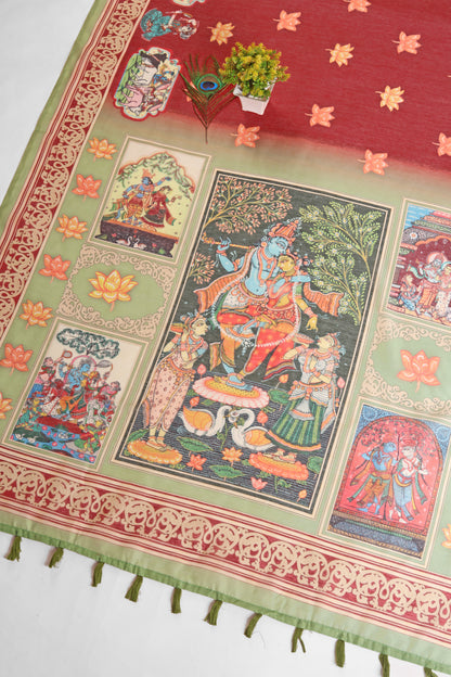 Decorative tablecloth with colorful illustrations of deities and intricate patterns. Radha Ridhaya Chanderi Saree | Yuvani Vesture