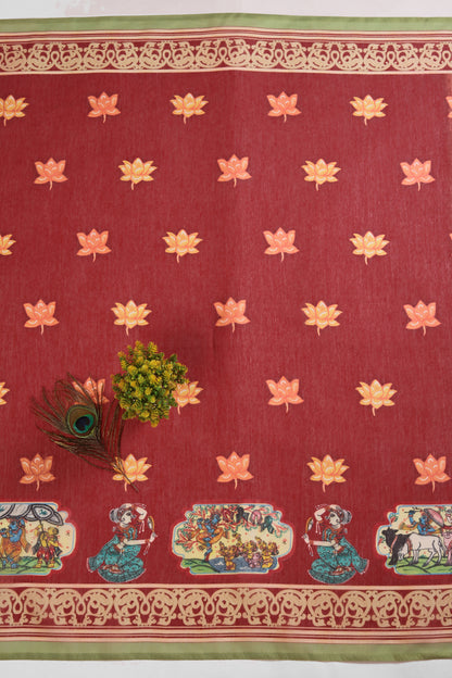Red fabric with floral patterns and decorative elements on a white background Radha Ridhaya Chanderi Saree | Yuvani Vesture