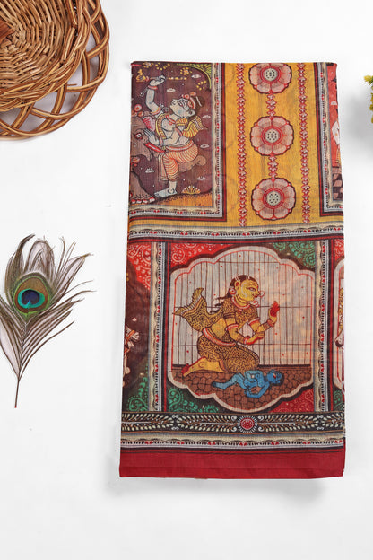 Decorative fabric with artistic designs and a peacock feather on a white background Rang Gajraj Chanderi Saree | chanderi cotton saree | Yuvani Vesture