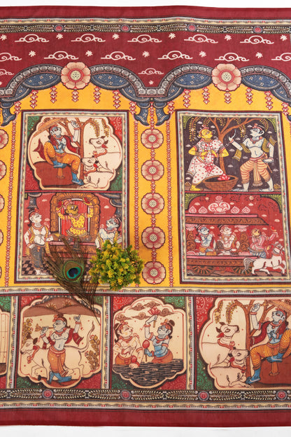 Decorative tapestry with colorful illustrations of deities on a red background Rang Gajraj Chanderi Saree | chanderi cotton saree | Yuvani Vesture