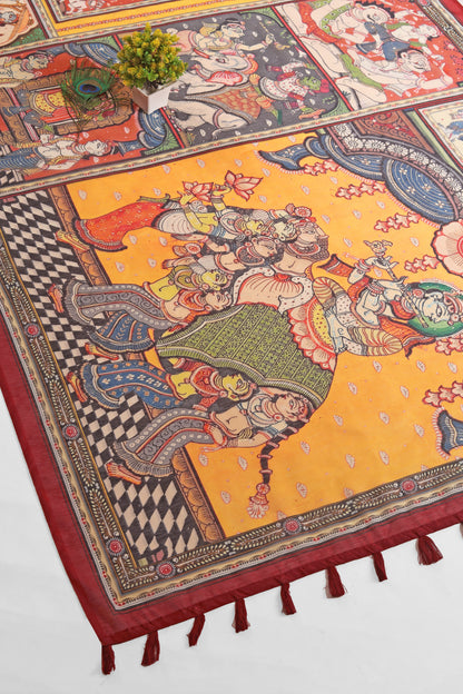 Decorative rug with intricate patterns and characters on a white  Rang Gajraj Chanderi Saree | chanderi cotton saree | Yuvani Vesturebackground
