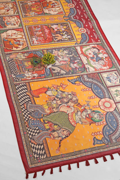 Decorative table runner with intricate patterns and characters on a white background Rang Gajraj Chanderi Saree | chanderi cotton saree | Yuvani Vesture