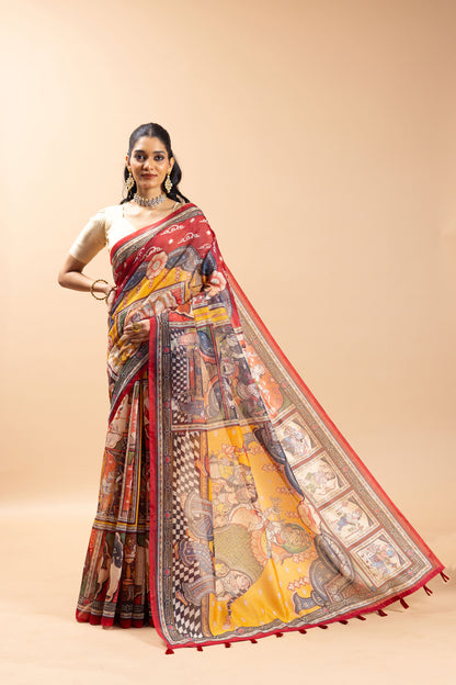 Woman wearing a colorful saree with a pattern on a beige background Rang Gajraj Chanderi Saree | chanderi cotton saree
