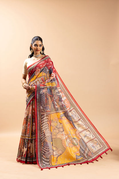 Woman wearing a traditional saree with a patterned design on a beige background Rang Gajraj Chanderi Saree | chanderi cotton saree | Yuvani Vesture