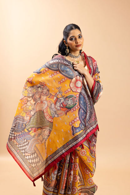 Woman wearing a colorful saree with intricate patterns on a beige background Rang Gajraj Chanderi Saree | chanderi cotton saree