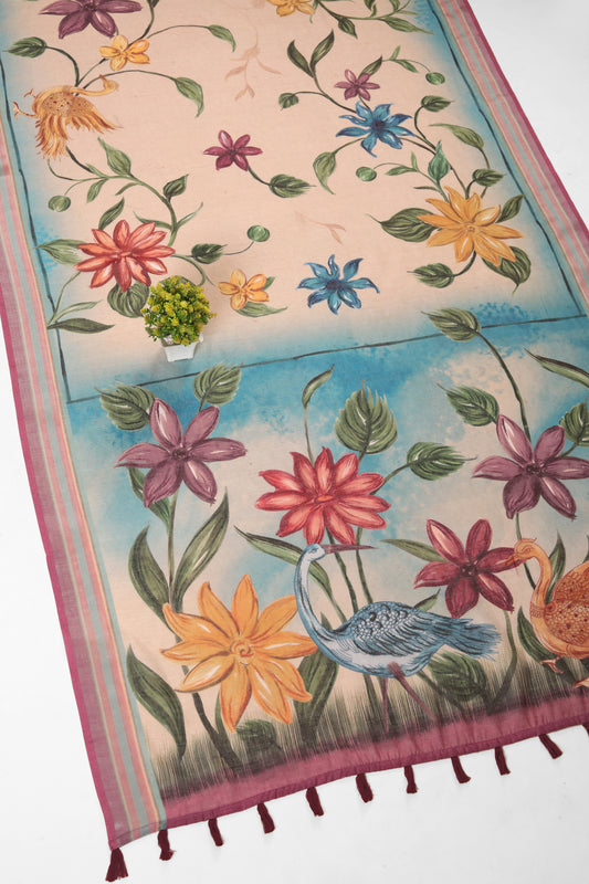 A linen saree with floral and bird motifs, featuring a color sketch design with tassels on the lower edge. Rang Lekha Floral Linen Saree for Women | Yuvani Vesture