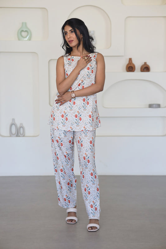Red & Beige Floral Sleeveless Co-Ord Set - Yuvani