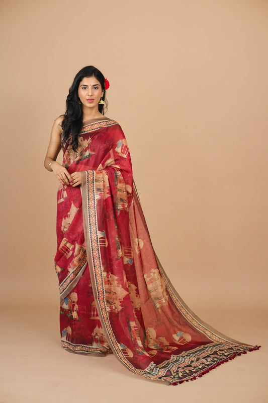 Red Mughal Figure Print Saree - Yuvani
