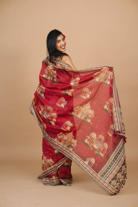 Red Mughal Figure Print Saree - Yuvani