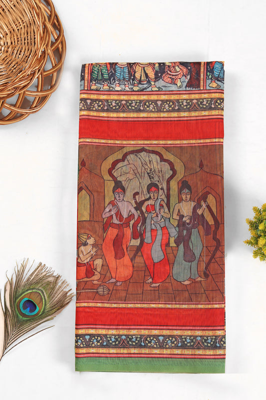 Samprapti Chanderi Cotton Saree - Yuvani, Decorative panel with classical art design on a red background, surrounded by decorative elements.