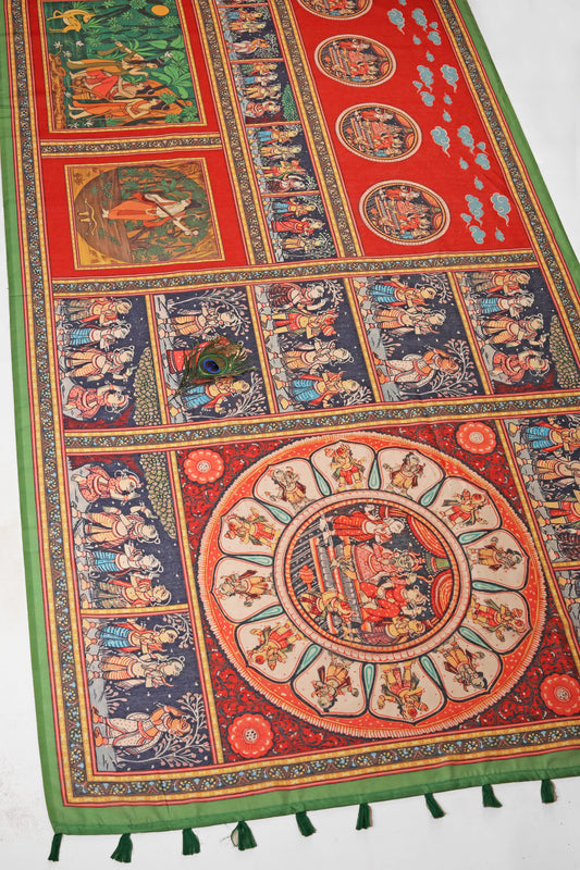Samprapti Chanderi Cotton Saree - Yuvani , Decorative tapestry with intricate patterns and colors on a white background