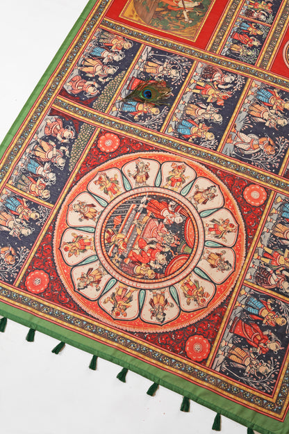 Samprapti Chanderi Cotton Saree - storytelling saree By Yuvani Vesture, Decorative mat with intricate patterns and colorful designs on a white background