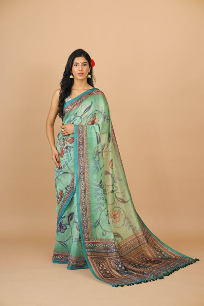 Sea Green Kalamkari Print Saree - Yuvani