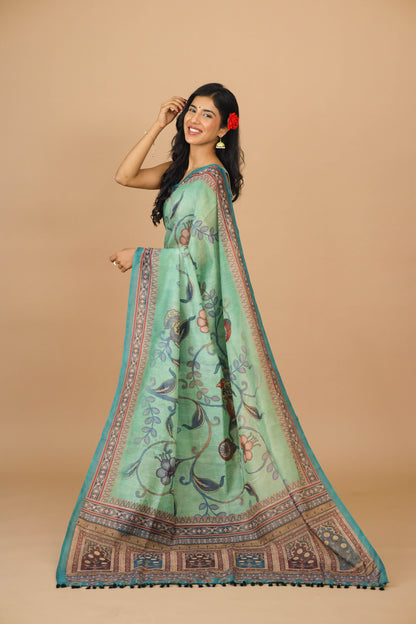 Sea Green Kalamkari Print Saree - Yuvani