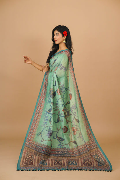 Sea Green Kalamkari Print Saree - Yuvani