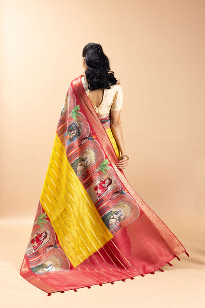 Jacquard silk saree fabric close up Mughal design Shahi Nazarana. Woman wearing a red and yellow saree with a beige background
